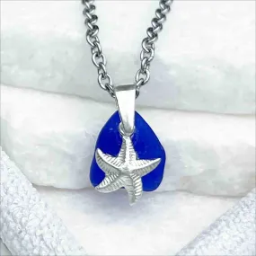 Small Cobalt Blue Sea Glass and Sea Star Pendant | 5217