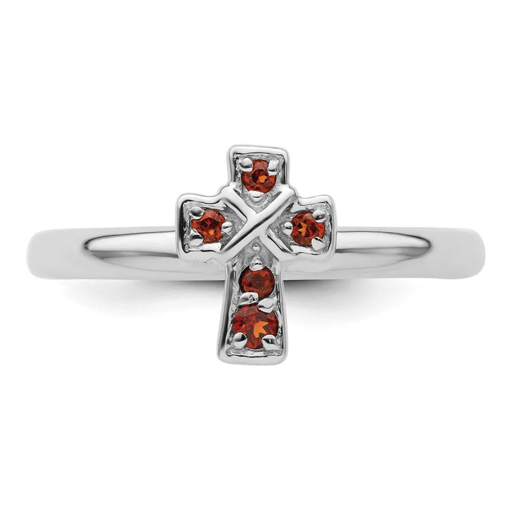 Stackable Expressions Rhodium Garnet Cross Ring in Sterling Silver