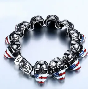 Stainless Steel American Flag Skull Biker Bracelet 8.5