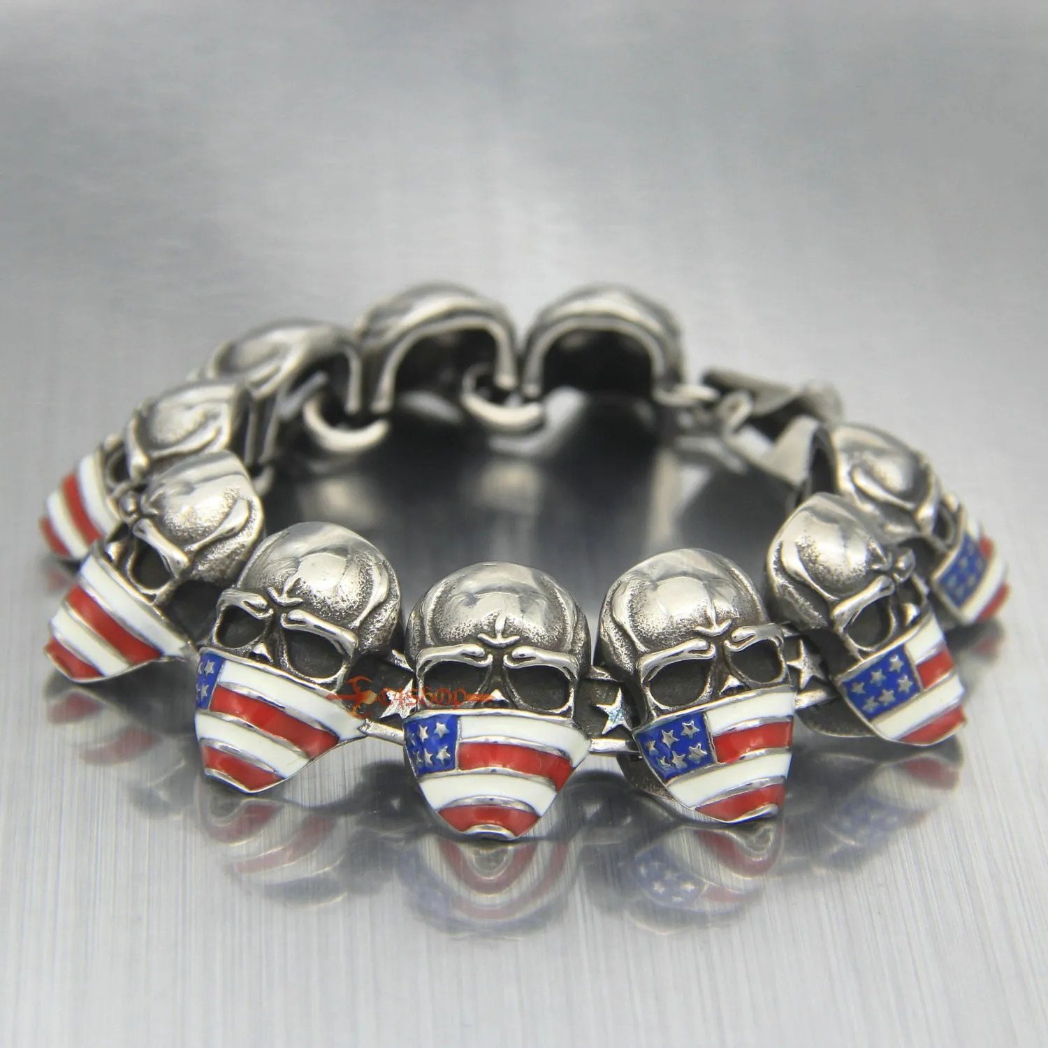 Stainless Steel American Flag Skull Biker Bracelet 8.5