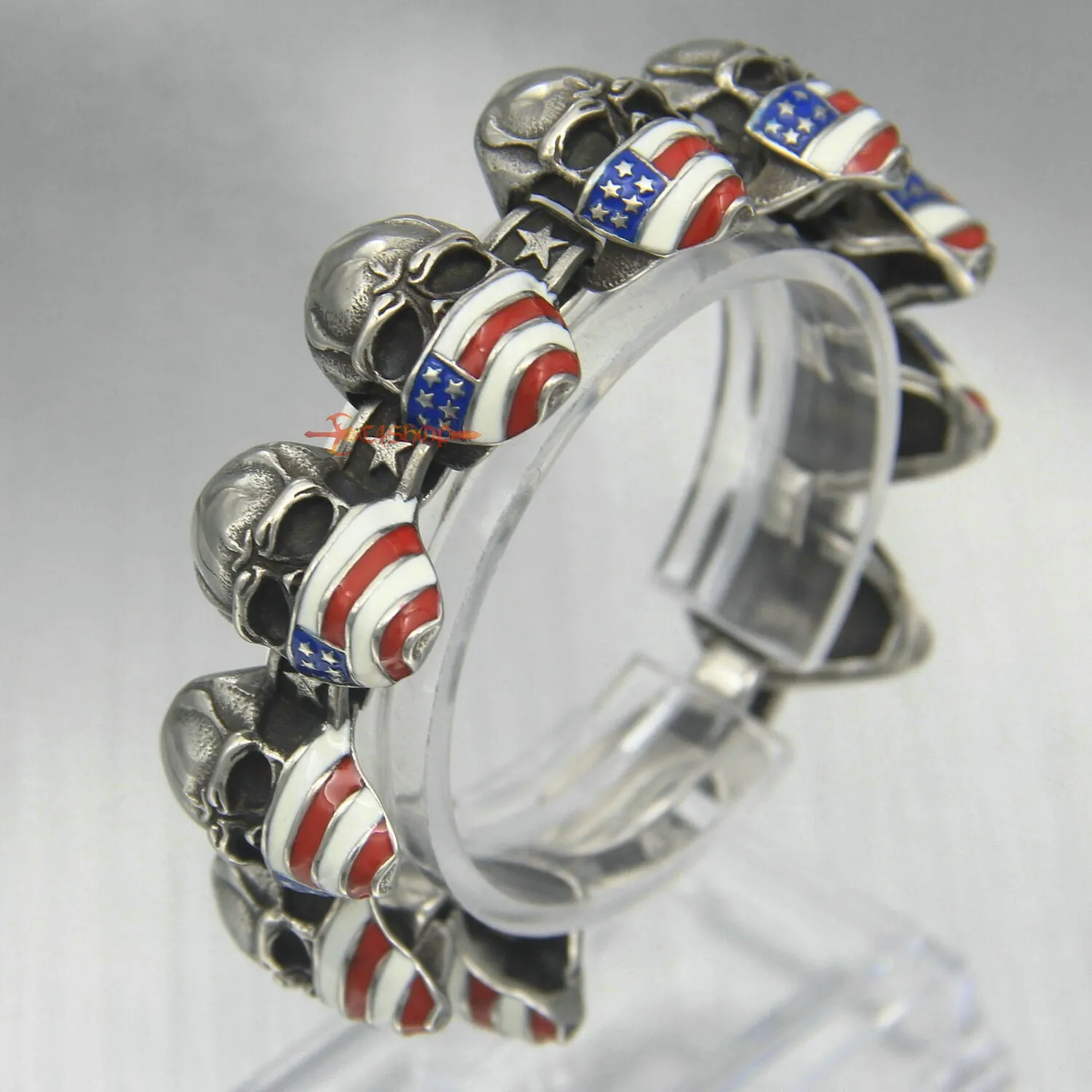 Stainless Steel American Flag Skull Biker Bracelet 8.5