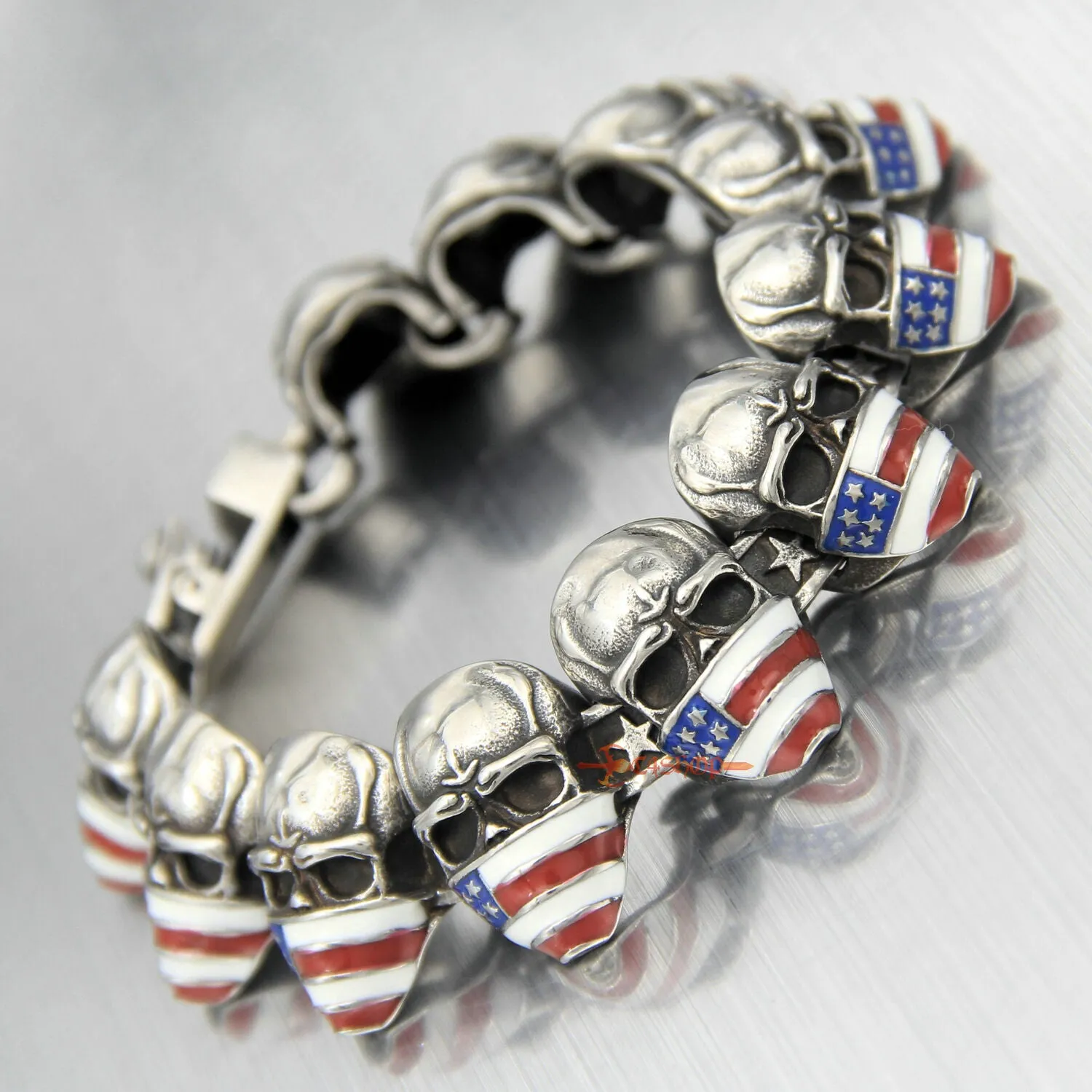 Stainless Steel American Flag Skull Biker Bracelet 8.5