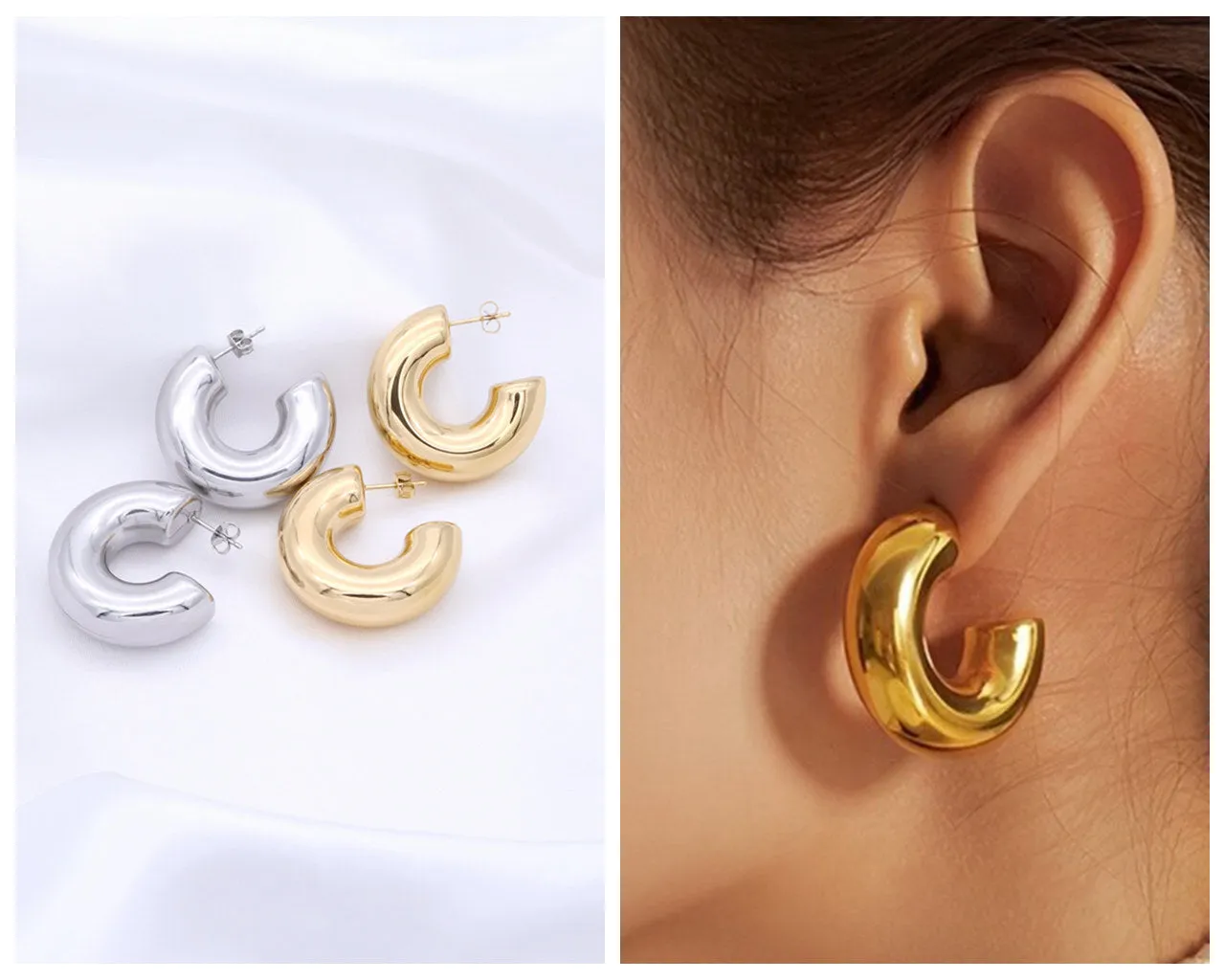 Stainless Steel Chunky Hoop Earrings - Gold