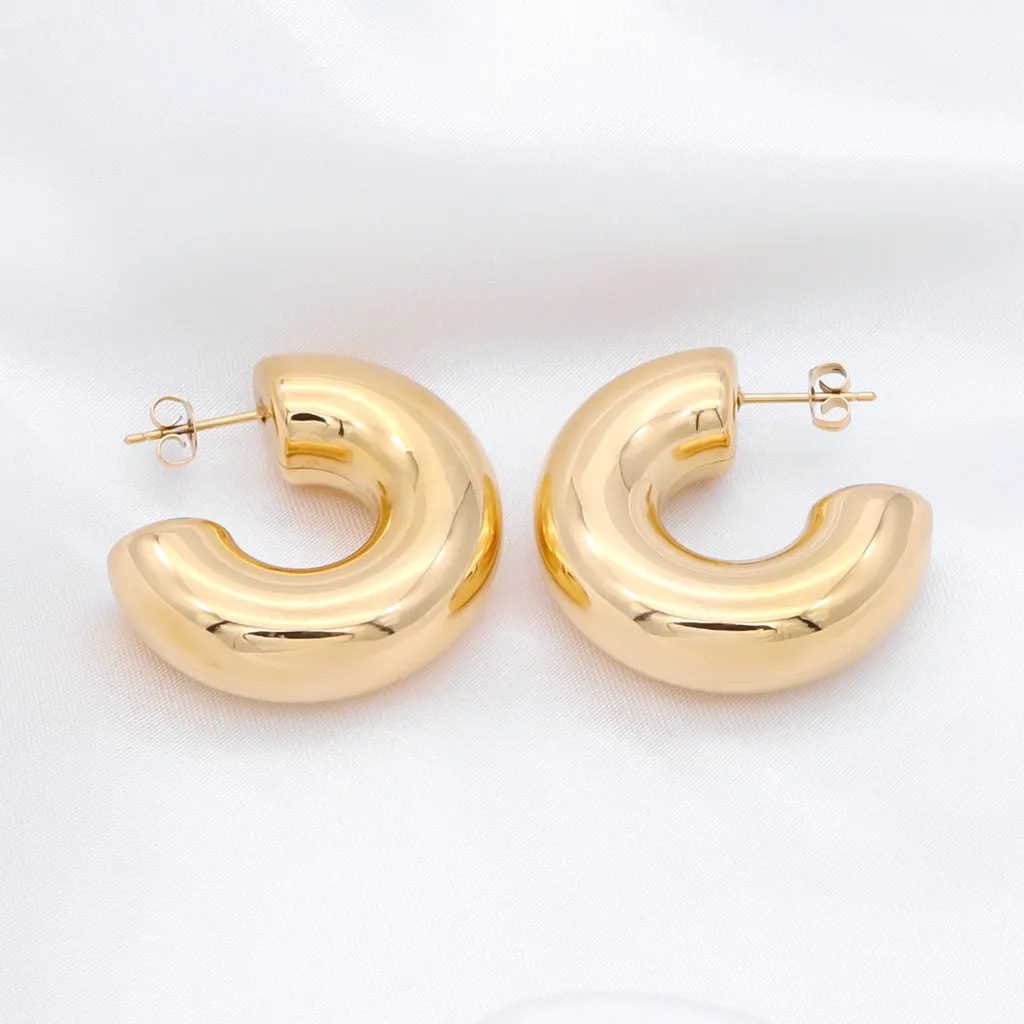 Stainless Steel Chunky Hoop Earrings - Gold