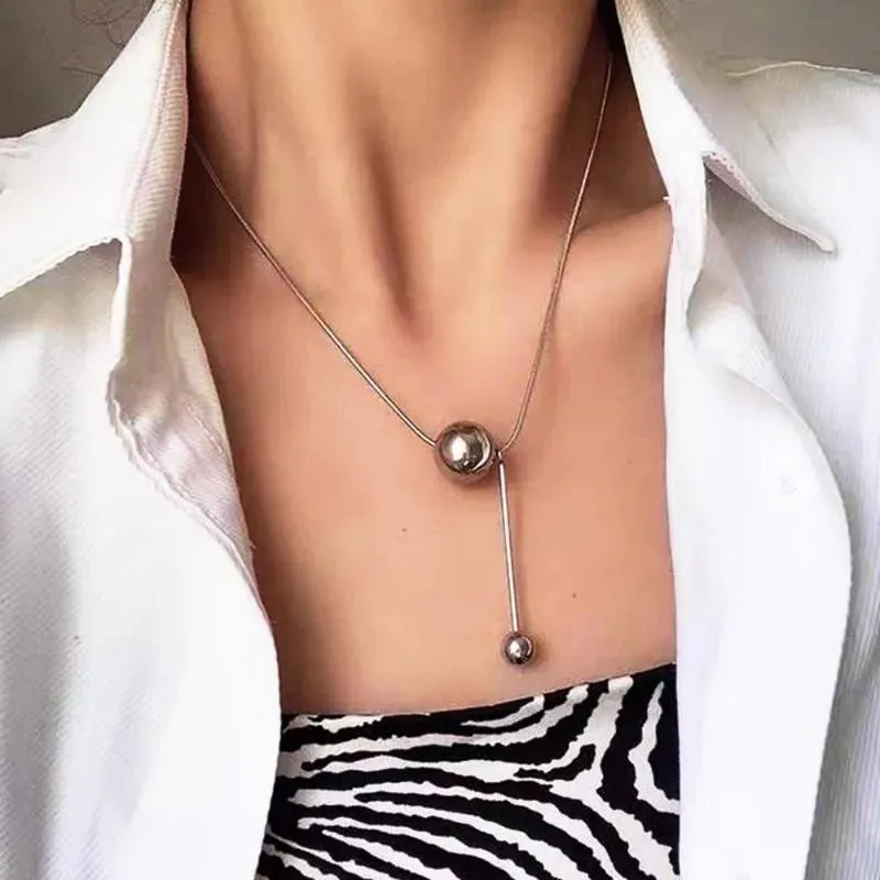 Stainless Steel Tassel Necklace - Geometric Ball Pendant Clavicle Chain Jewelry