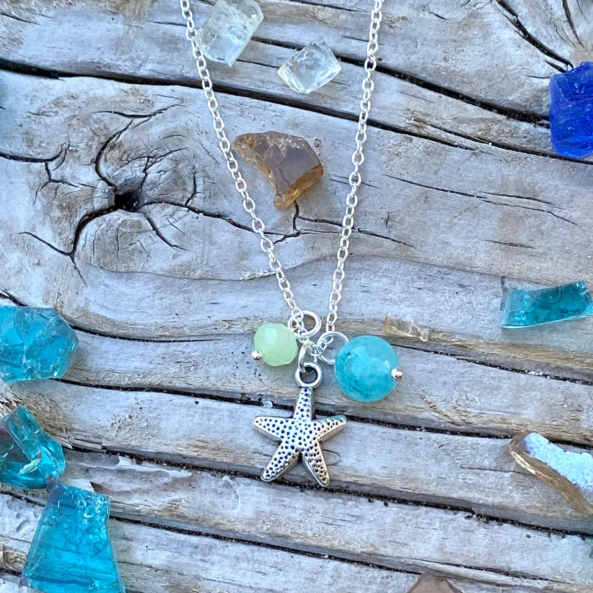 Starfish Ocean Charm Necklace with Ocean Foam Crystals