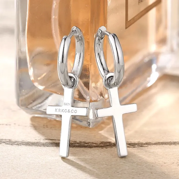 Sterling Silver Dangle Cross Earrings for Men in White Gold KRKC