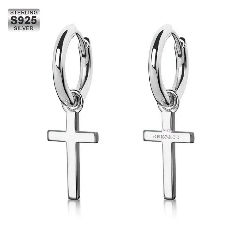 Sterling Silver Dangle Cross Earrings for Men in White Gold KRKC