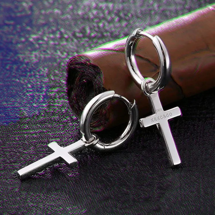 Sterling Silver Dangle Cross Earrings for Men in White Gold KRKC