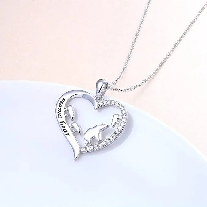 Sterling Silver For Mom Necklace Mama Bear Pendant Necklace for Mum Animal Family Mothers Day Gift