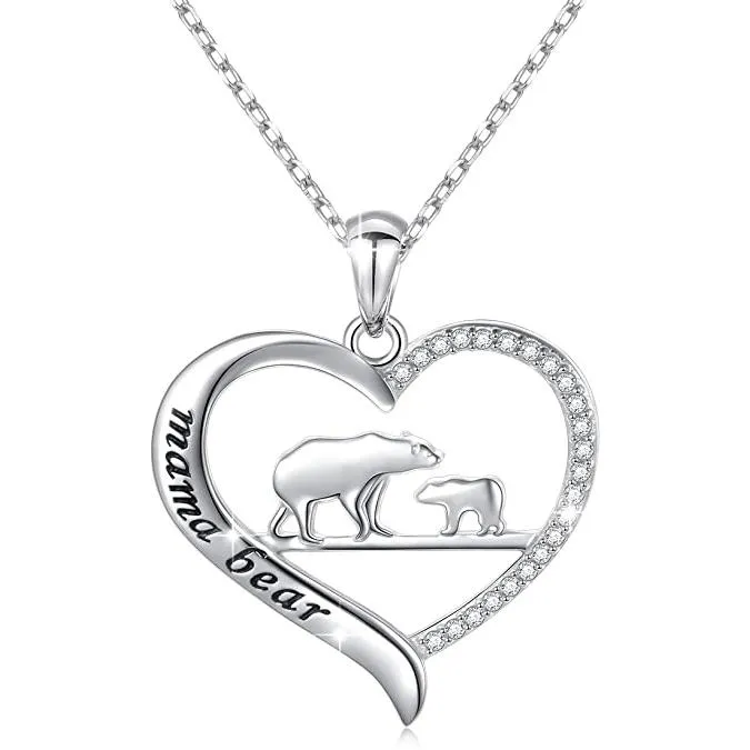 Sterling Silver For Mom Necklace Mama Bear Pendant Necklace for Mum Animal Family Mothers Day Gift