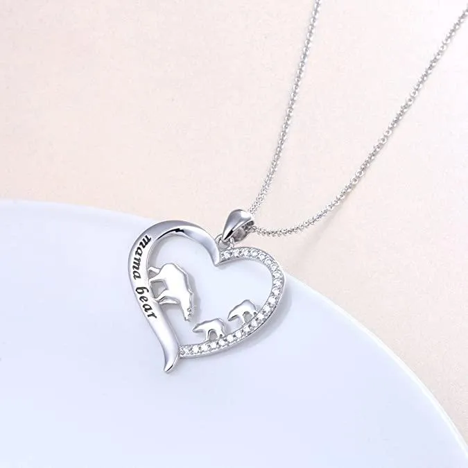 Sterling Silver For Mom Necklace Mama Bear Pendant Necklace for Mum Animal Family Mothers Day Gift