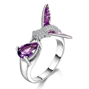 Sterling Silver Open Design Amethyst Hummingbird Ring