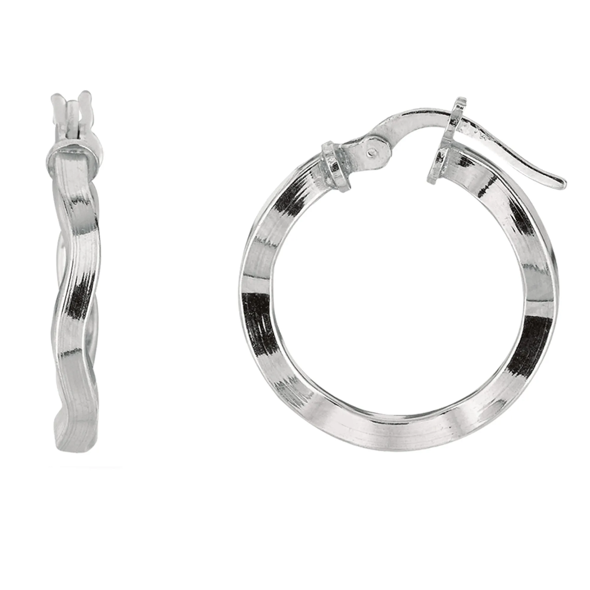 Sterling Silver With Rhodium Plated Wavy Round Hoop Earrings