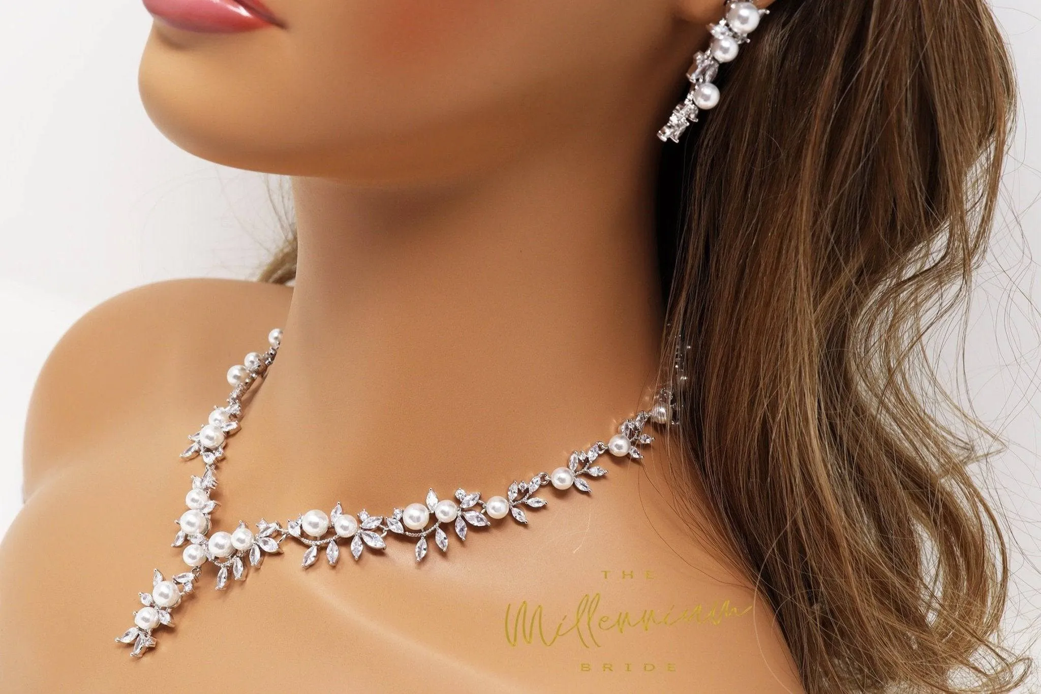 Swarovski Crystal Large Pearl Vine Leaves Necklace, Long Bridal Jewelry, Bridal Earrings And Necklace, Statement Earrings Cz Necklace Set.