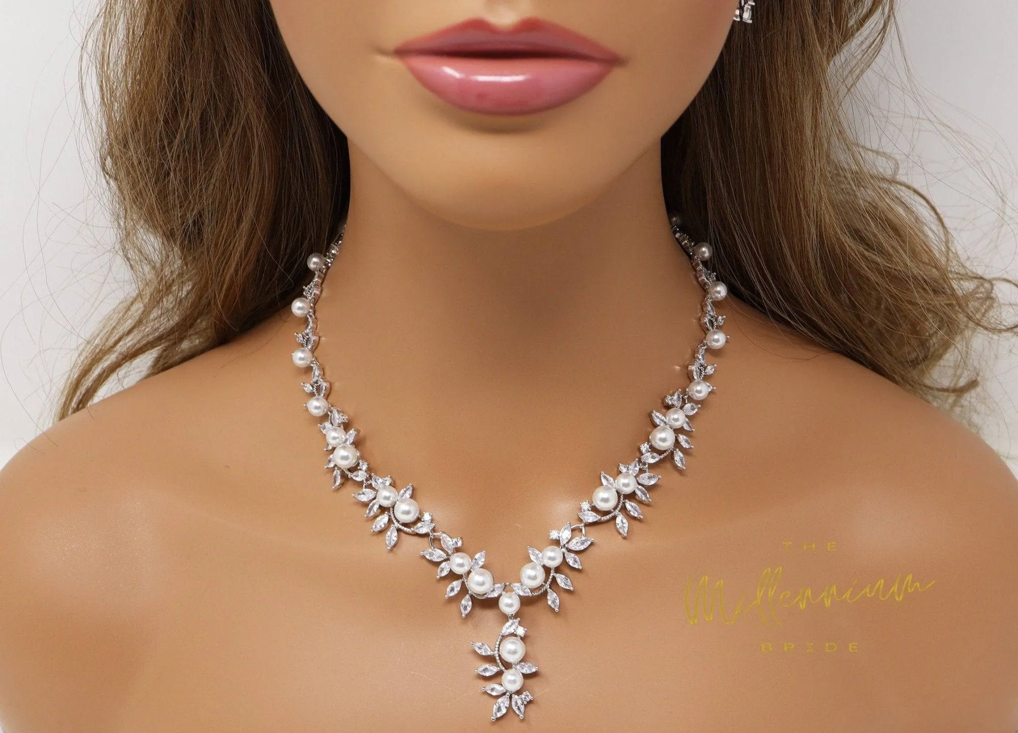 Swarovski Crystal Large Pearl Vine Leaves Necklace, Long Bridal Jewelry, Bridal Earrings And Necklace, Statement Earrings Cz Necklace Set.