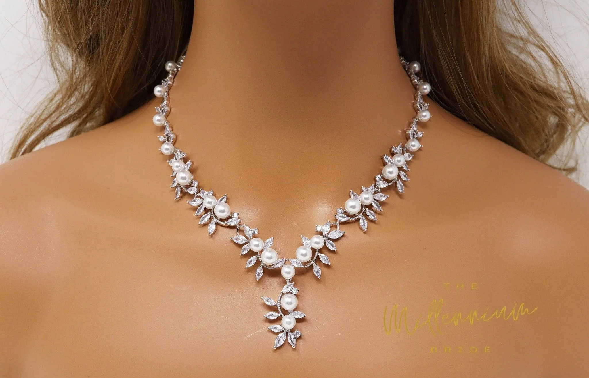 Swarovski Crystal Large Pearl Vine Leaves Necklace, Long Bridal Jewelry, Bridal Earrings And Necklace, Statement Earrings Cz Necklace Set.