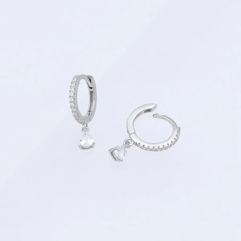 Teardrop CZ Charm Hoop Earrings - Silver