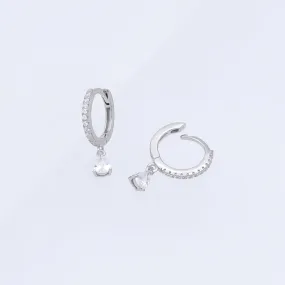 Teardrop CZ Charm Hoop Earrings - Silver