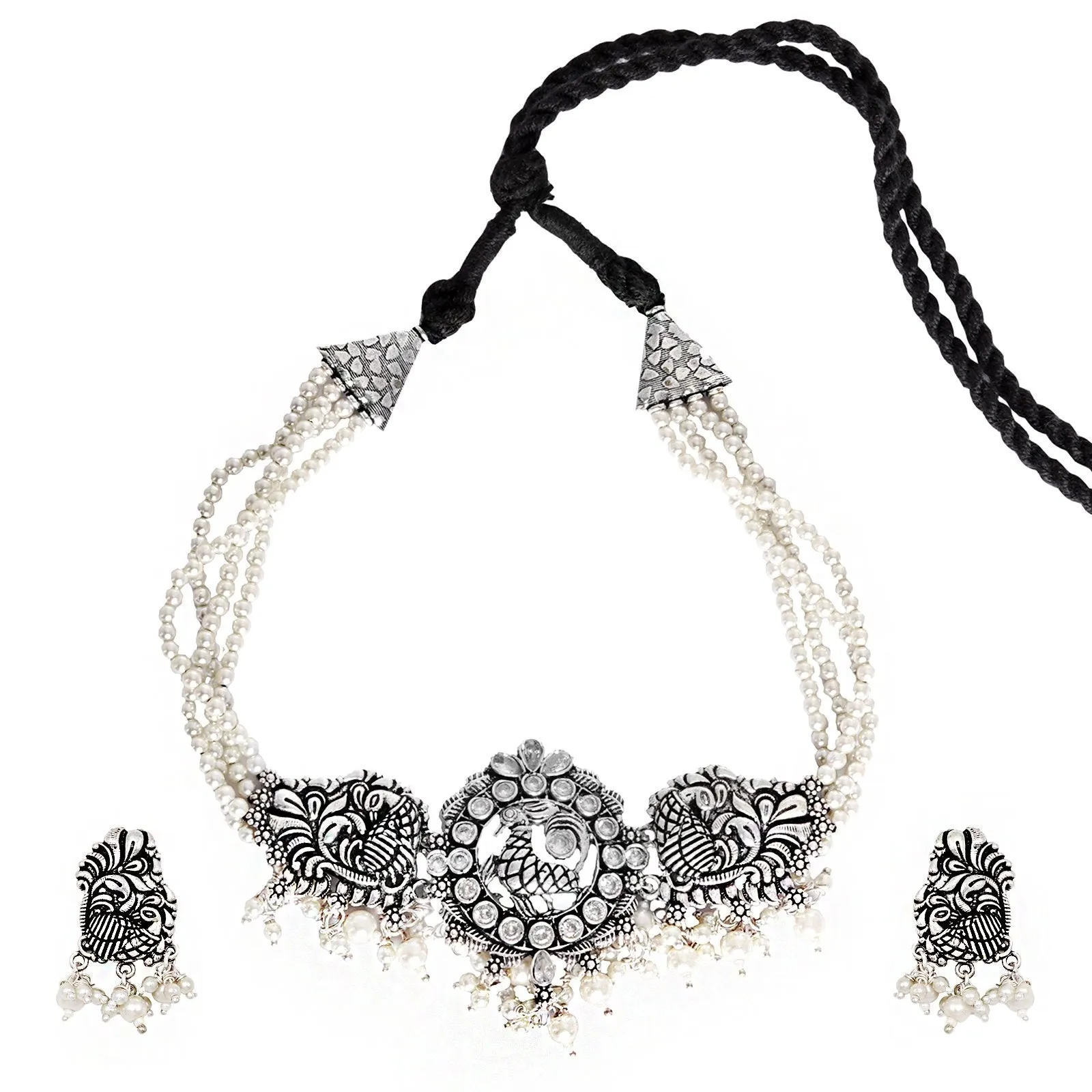 Teejh Darshika Silver Oxidised Pearl Choker Necklace Set