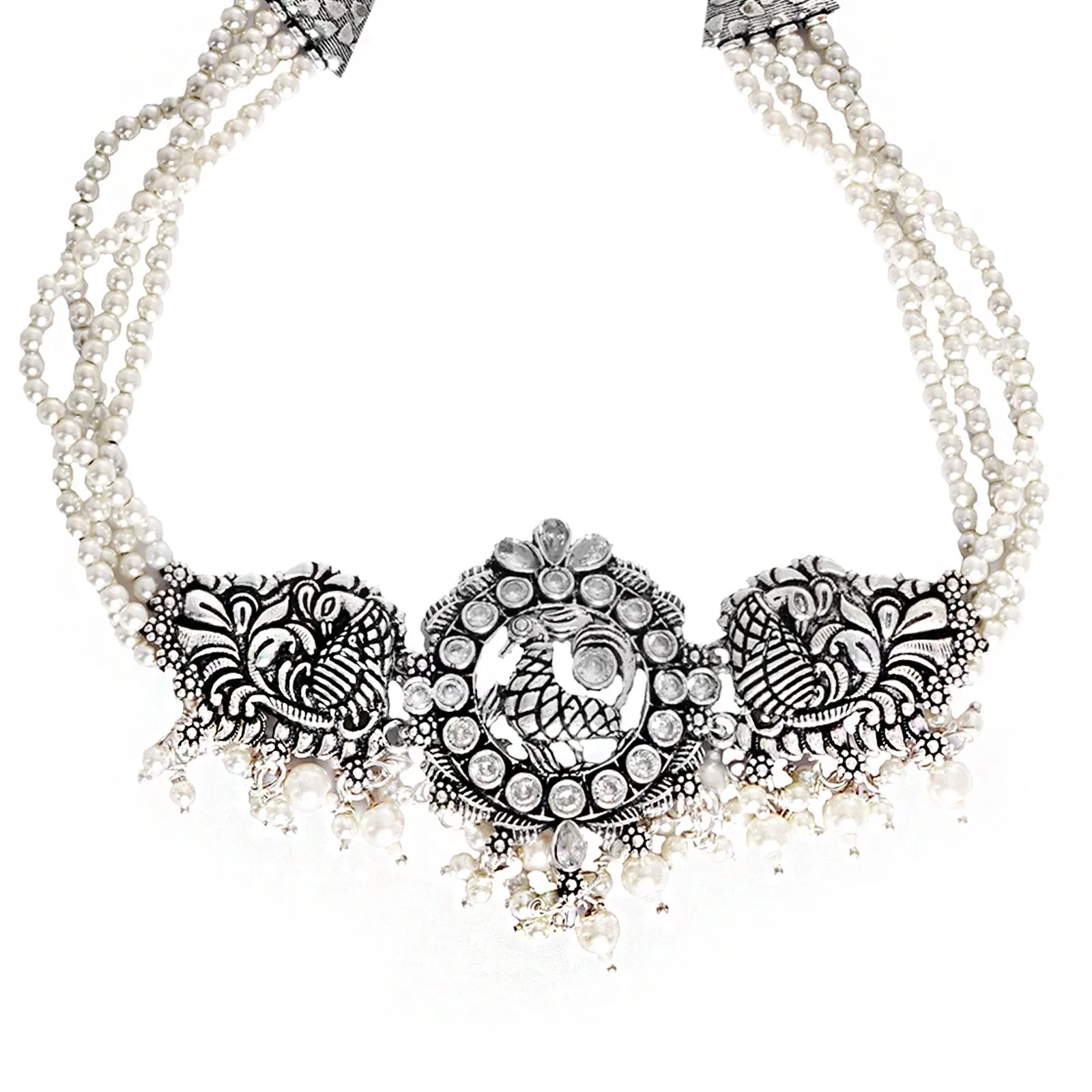 Teejh Darshika Silver Oxidised Pearl Choker Necklace Set