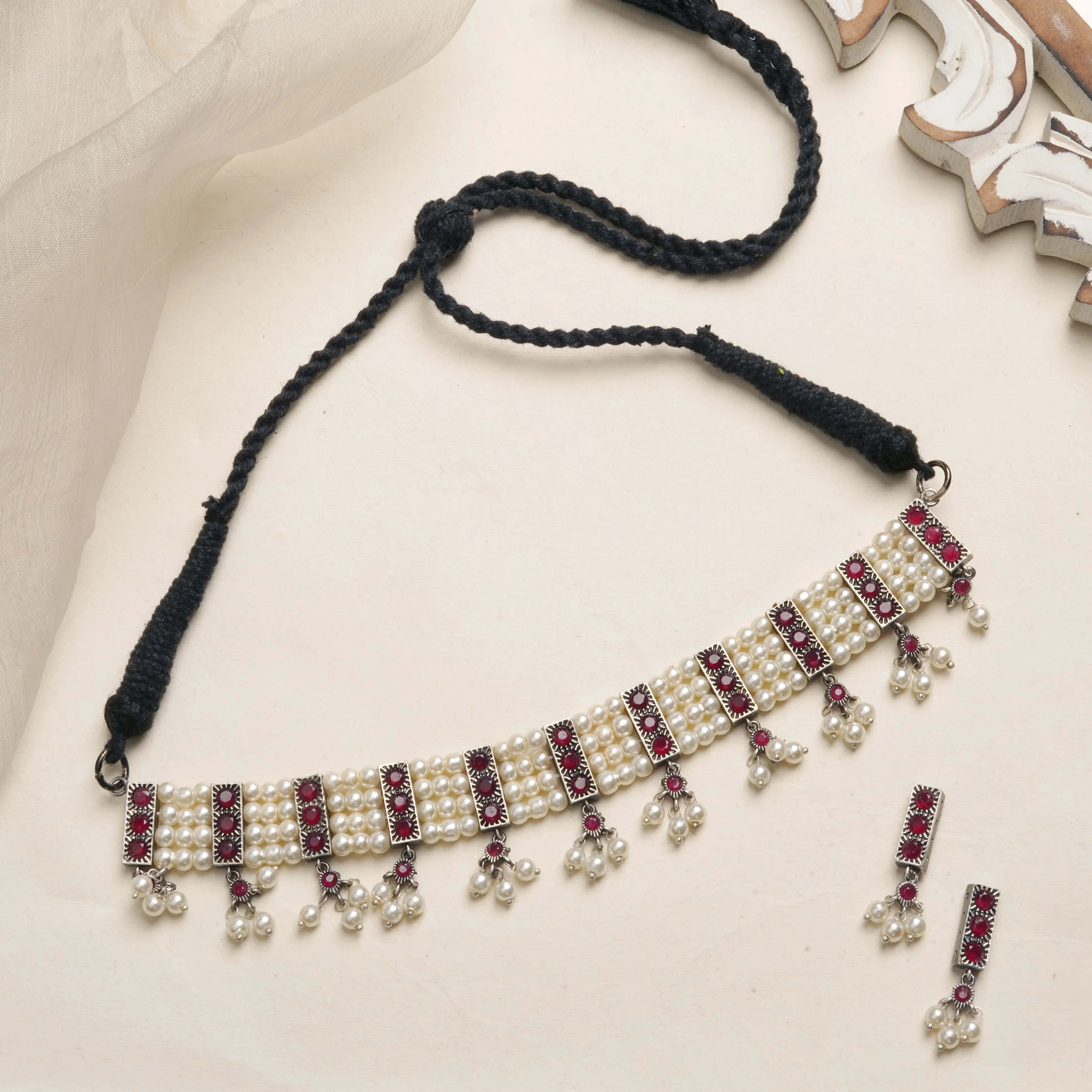 Teejh Shriya Silver Oxidised Pearl Choker Necklace Set