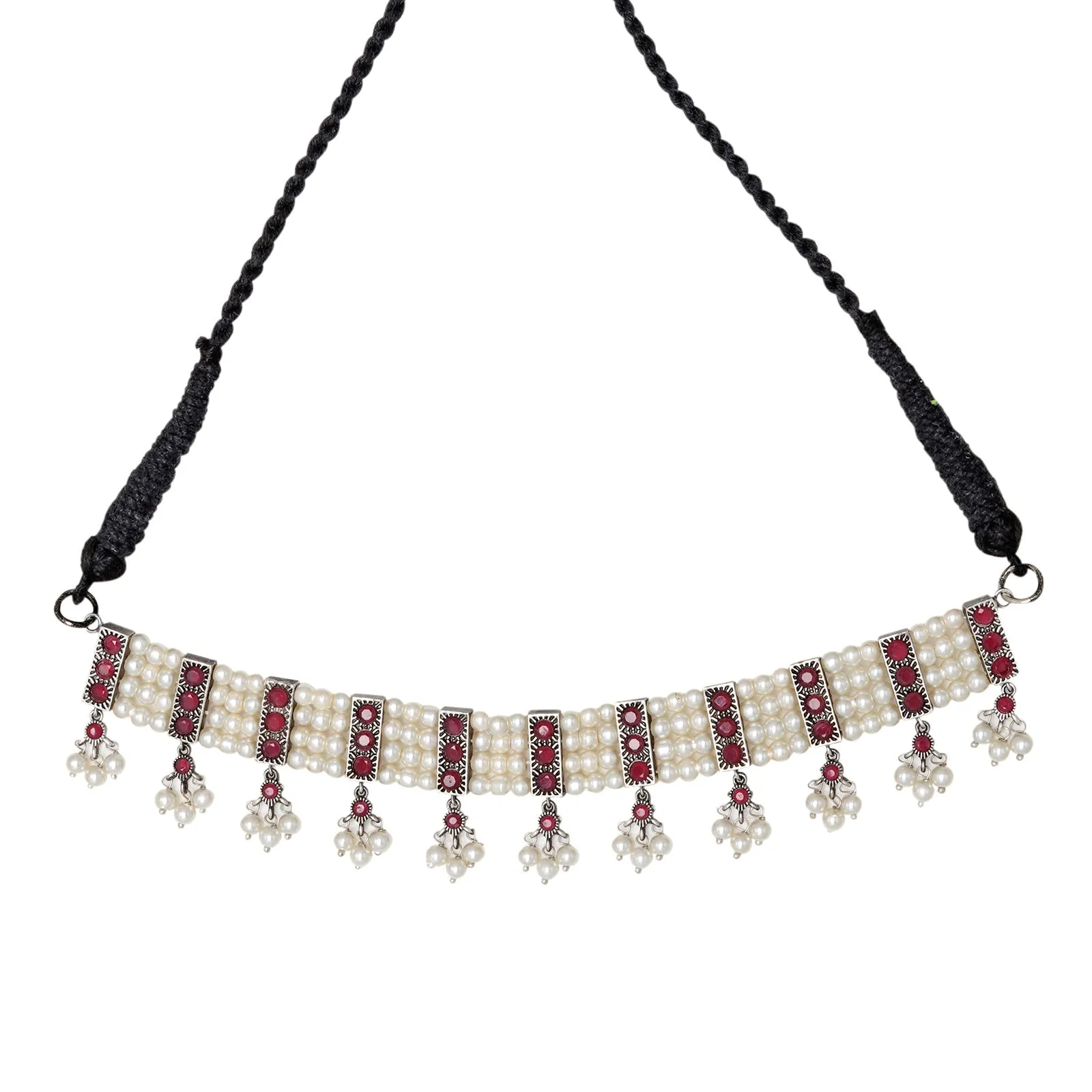 Teejh Shriya Silver Oxidised Pearl Choker Necklace Set