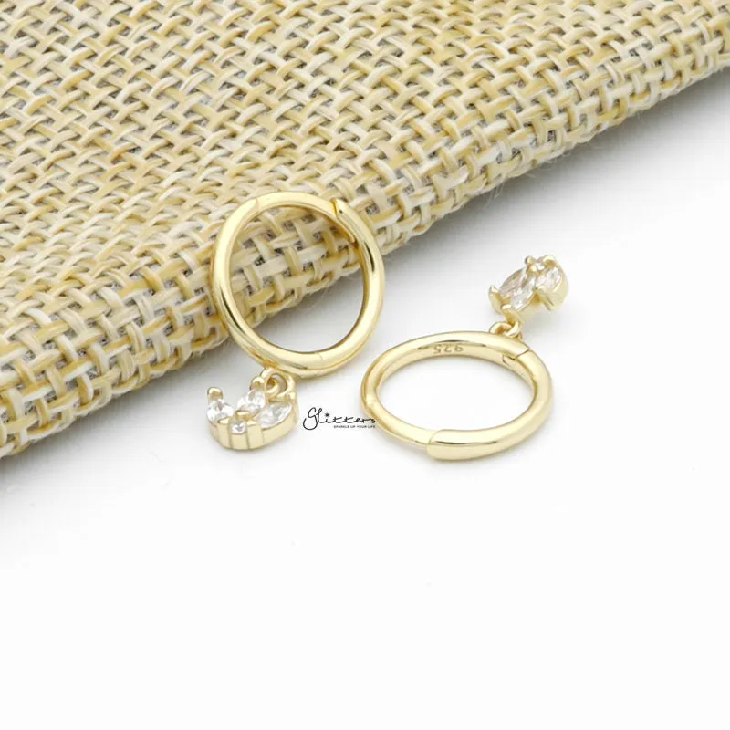 Three Marquise CZ Charm Huggie Hoop Earrings - Gold