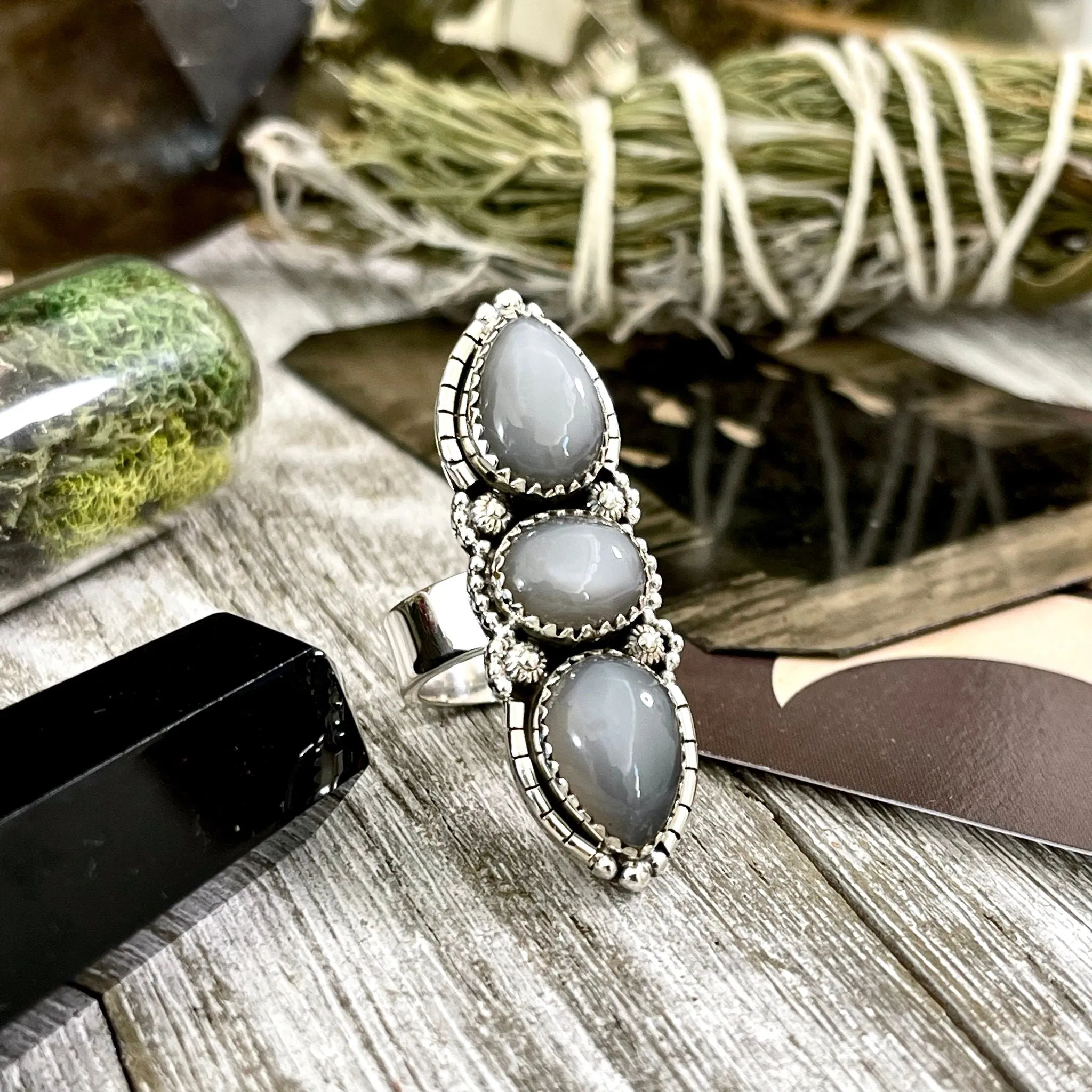 Three Stone Grey Moonstone Ring in Solid Sterling Silver- Designed by FOXLARK Collection Adjustable to Size 6 7 8 9 / Gothic Jewelry