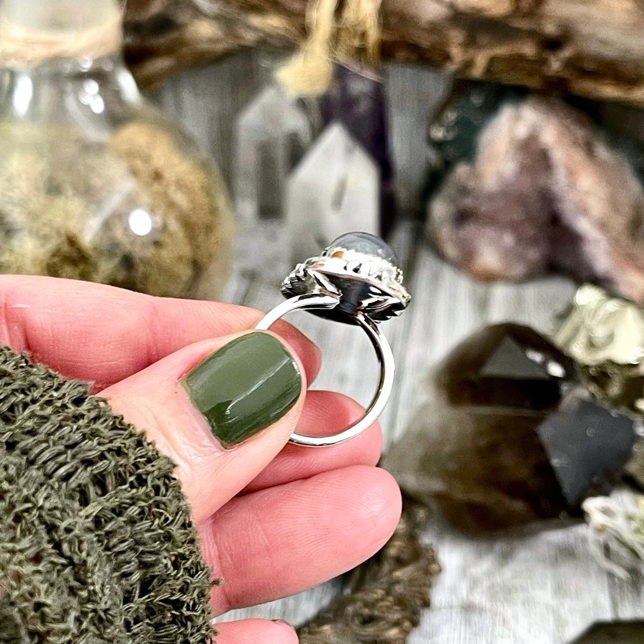 Three Stone Grey Moonstone Ring in Solid Sterling Silver- Designed by FOXLARK Collection Adjustable to Size 6 7 8 9 / Gothic Jewelry