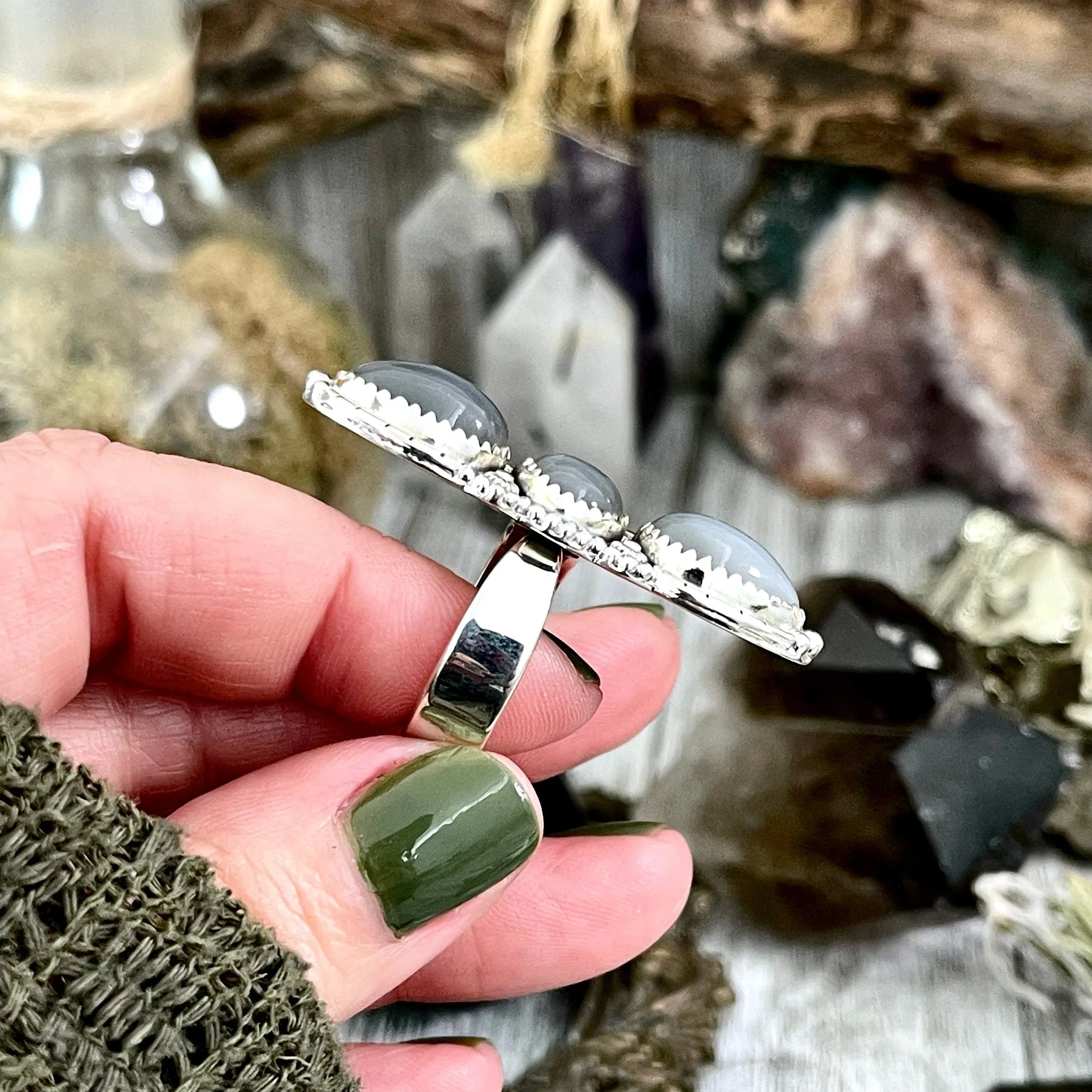 Three Stone Grey Moonstone Ring in Solid Sterling Silver- Designed by FOXLARK Collection Adjustable to Size 6 7 8 9 / Gothic Jewelry