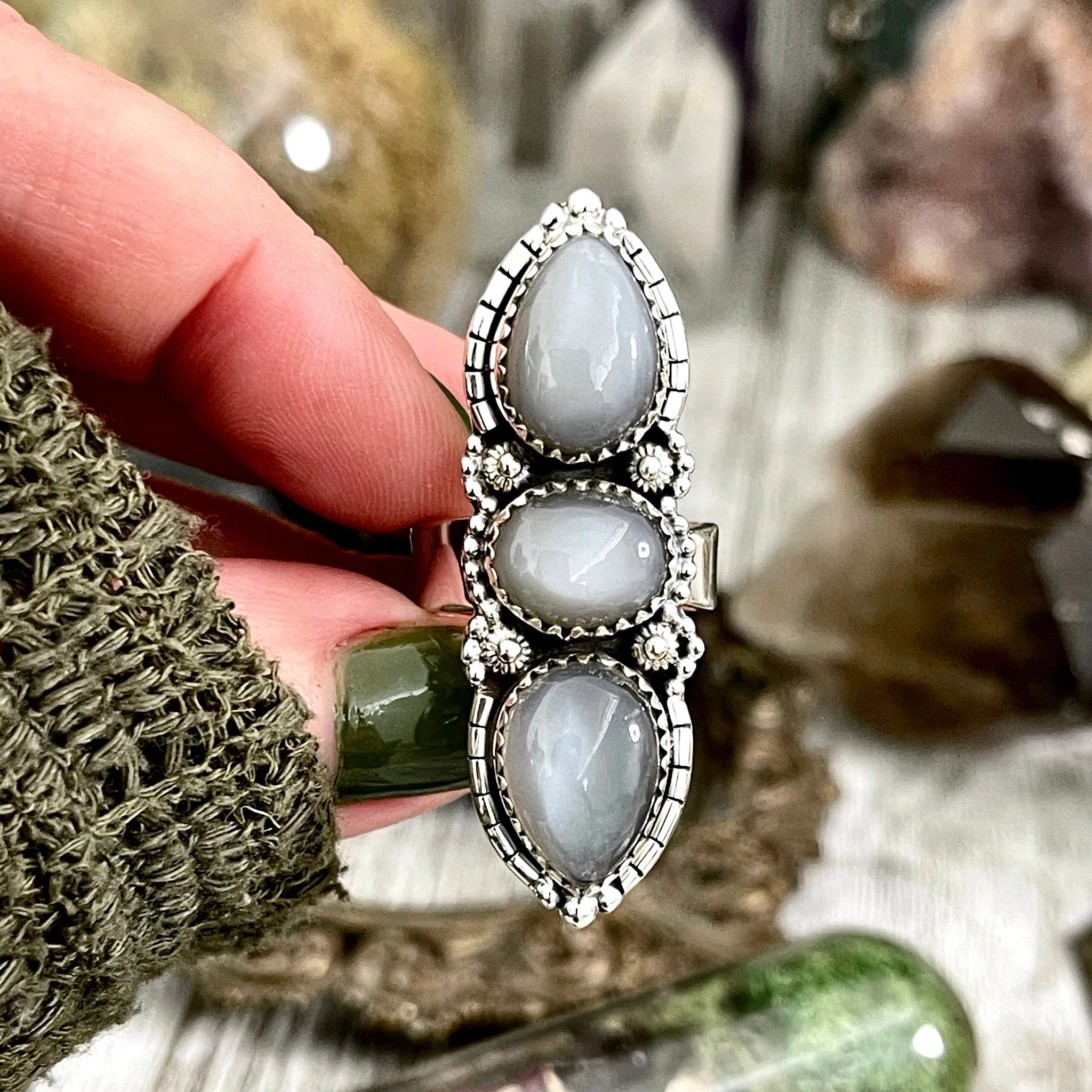 Three Stone Grey Moonstone Ring in Solid Sterling Silver- Designed by FOXLARK Collection Adjustable to Size 6 7 8 9 / Gothic Jewelry