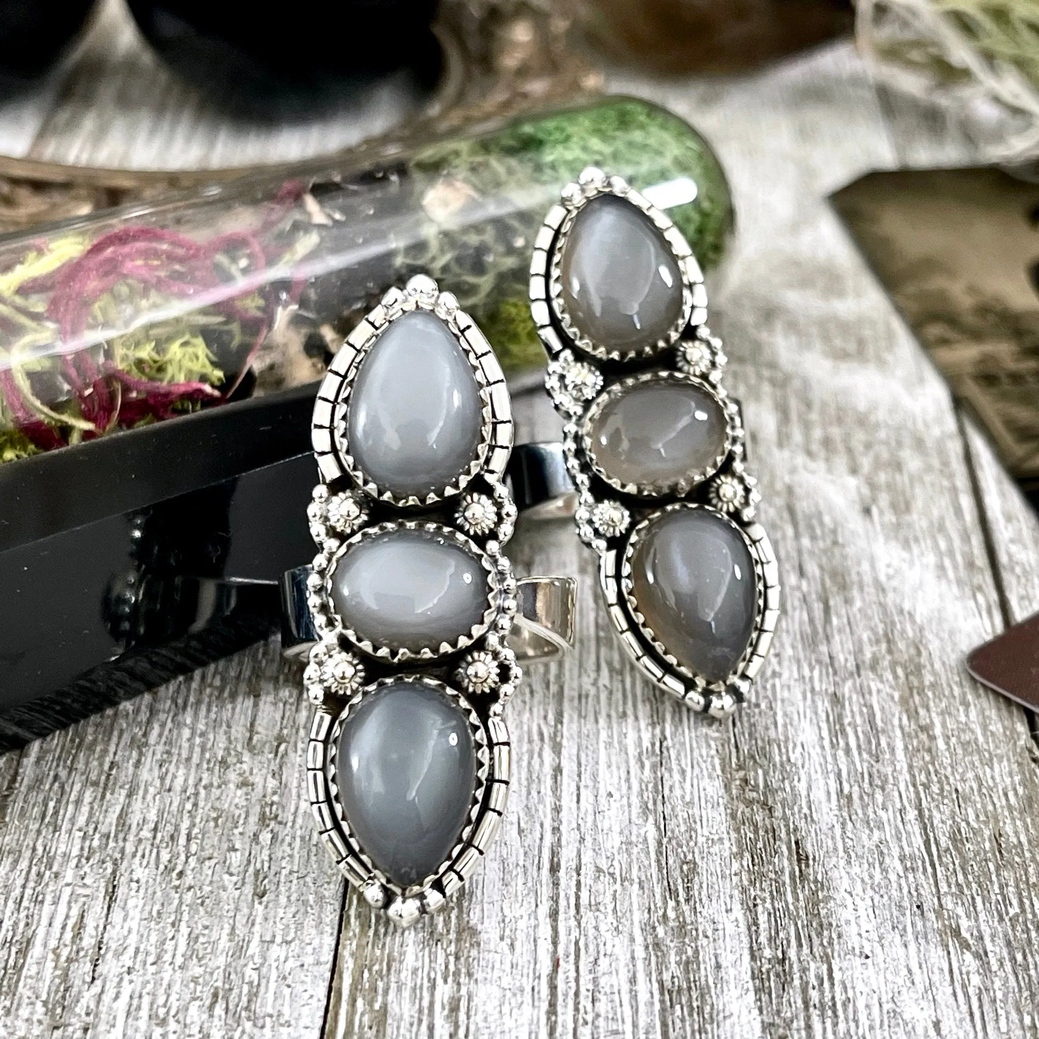 Three Stone Grey Moonstone Ring in Solid Sterling Silver- Designed by FOXLARK Collection Adjustable to Size 6 7 8 9 / Gothic Jewelry