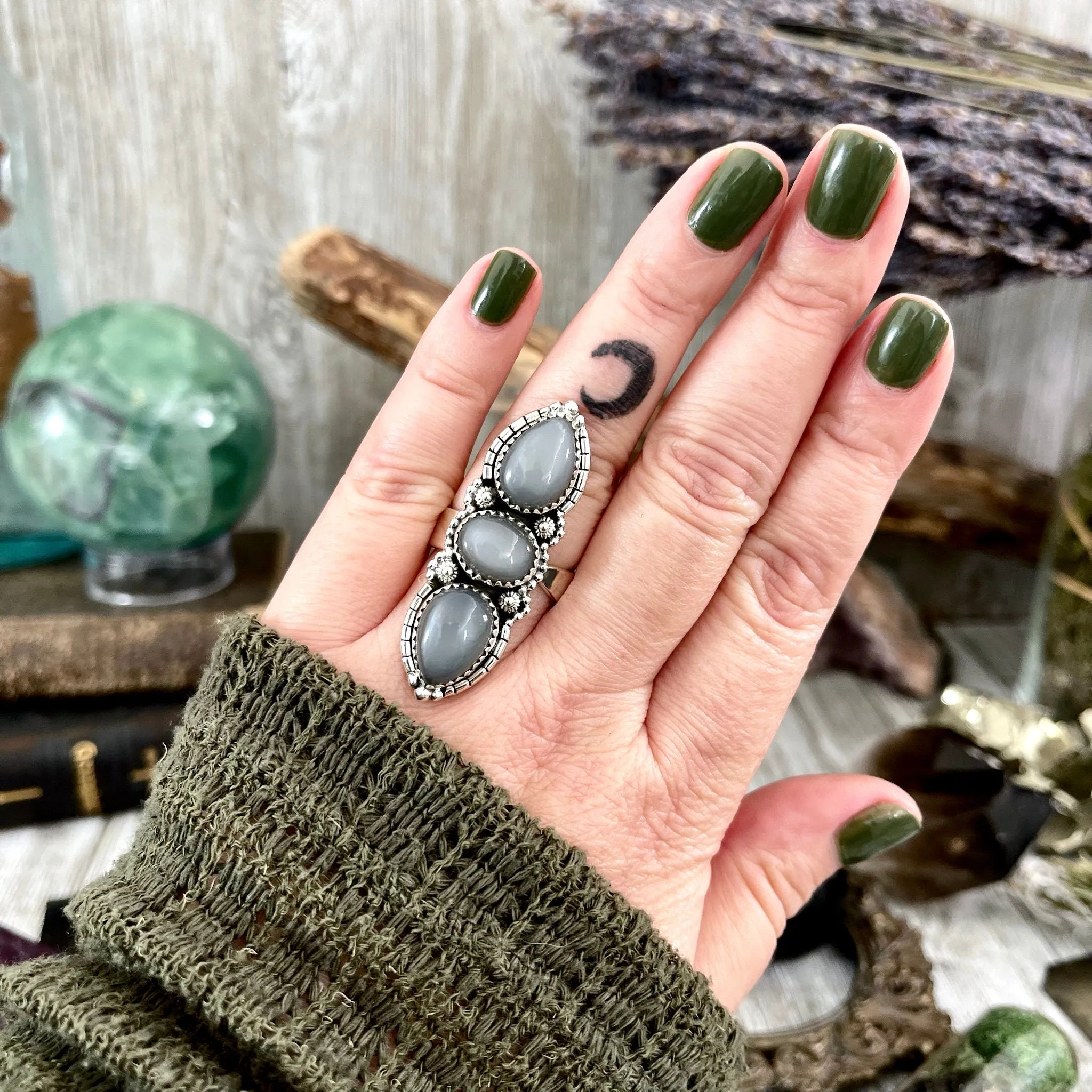 Three Stone Grey Moonstone Ring in Solid Sterling Silver- Designed by FOXLARK Collection Adjustable to Size 6 7 8 9 / Gothic Jewelry