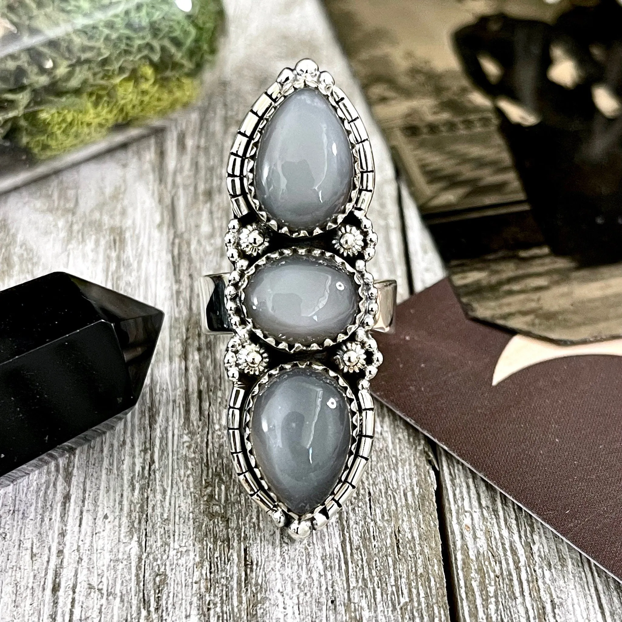 Three Stone Grey Moonstone Ring in Solid Sterling Silver- Designed by FOXLARK Collection Adjustable to Size 6 7 8 9 / Gothic Jewelry