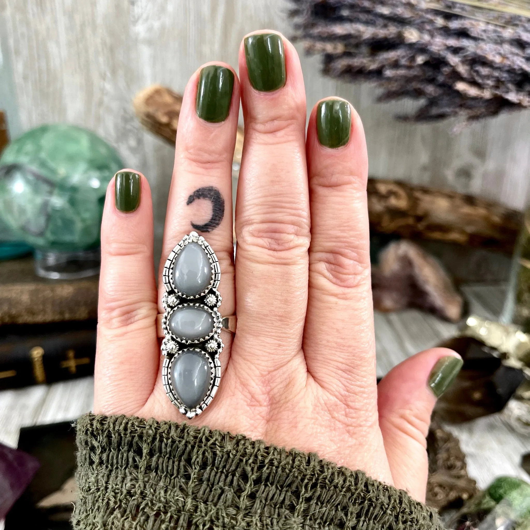 Three Stone Grey Moonstone Ring in Solid Sterling Silver- Designed by FOXLARK Collection Adjustable to Size 6 7 8 9 / Gothic Jewelry