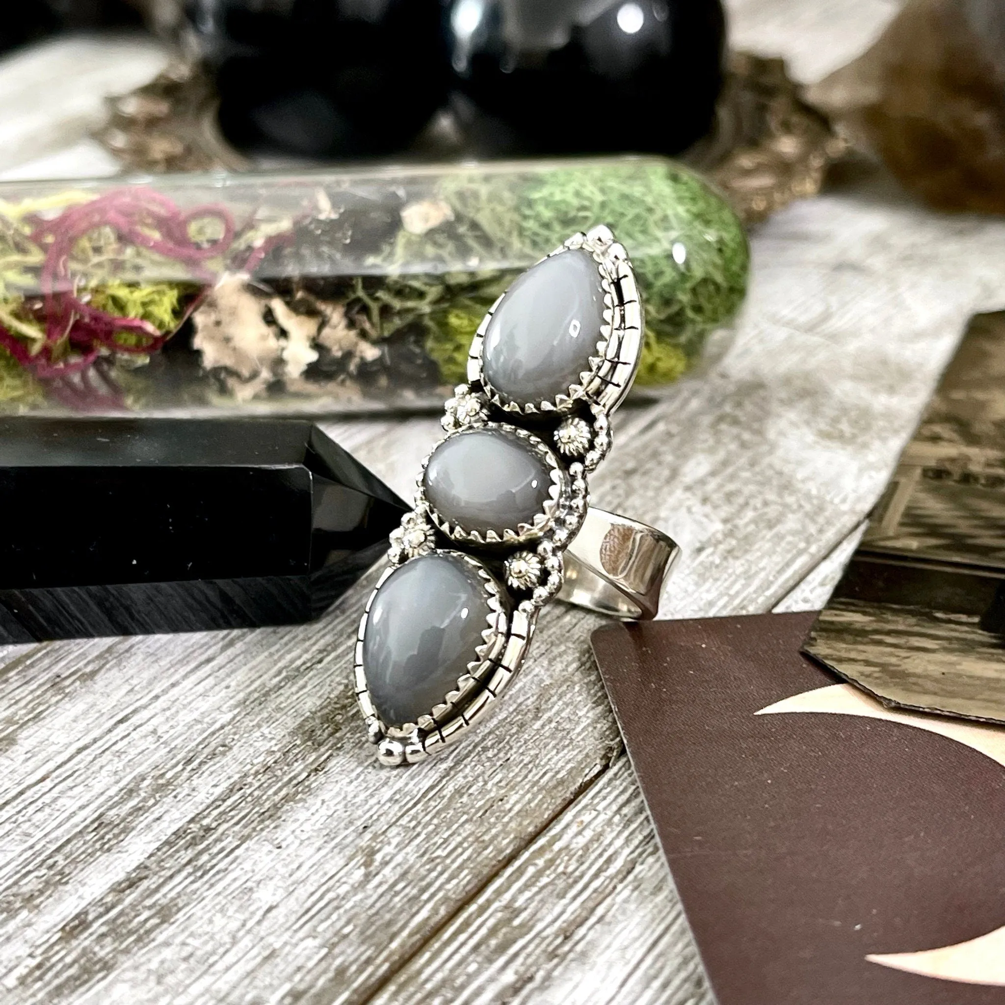 Three Stone Grey Moonstone Ring in Solid Sterling Silver- Designed by FOXLARK Collection Adjustable to Size 6 7 8 9 / Gothic Jewelry