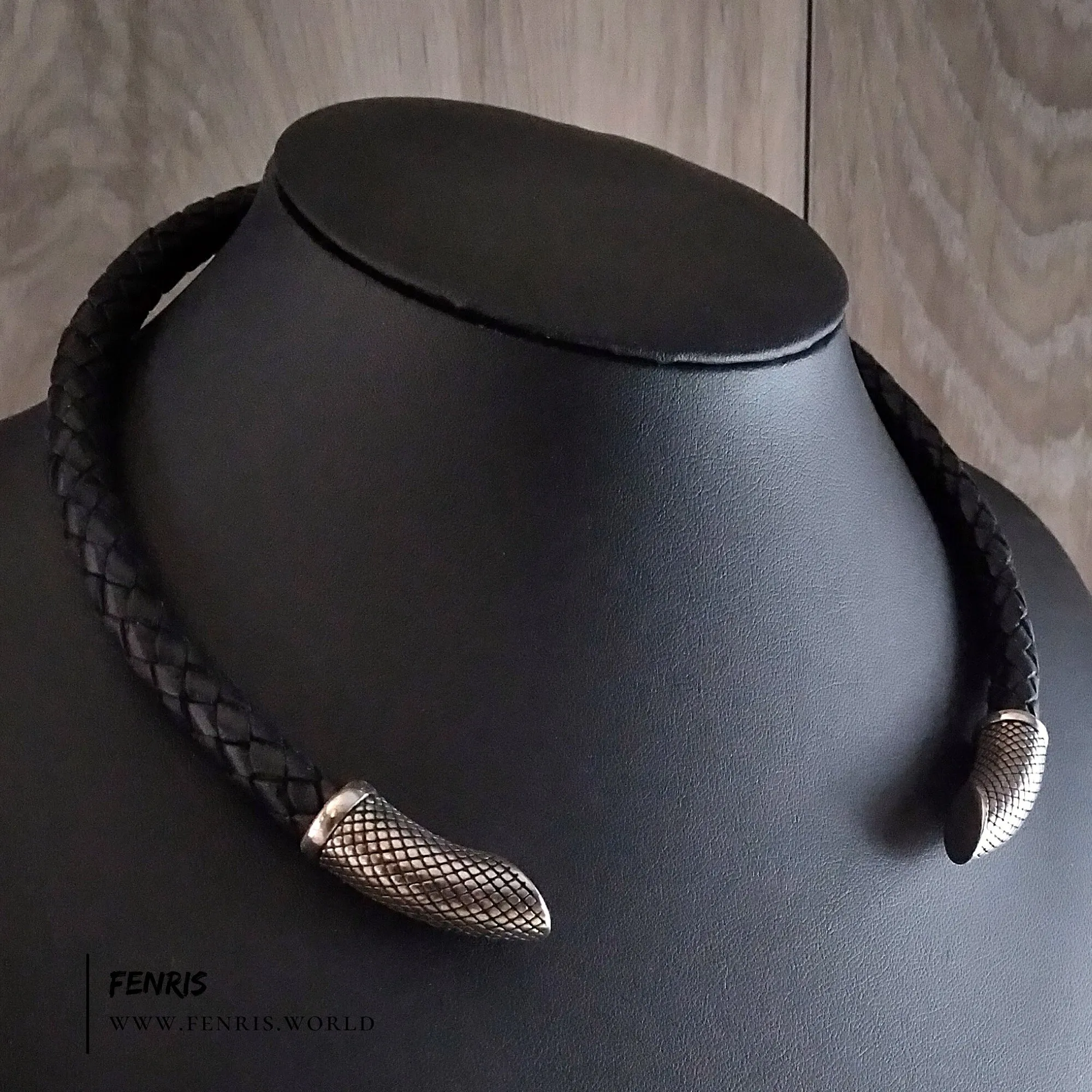 Torc Necklace Black Leather Silver Modern