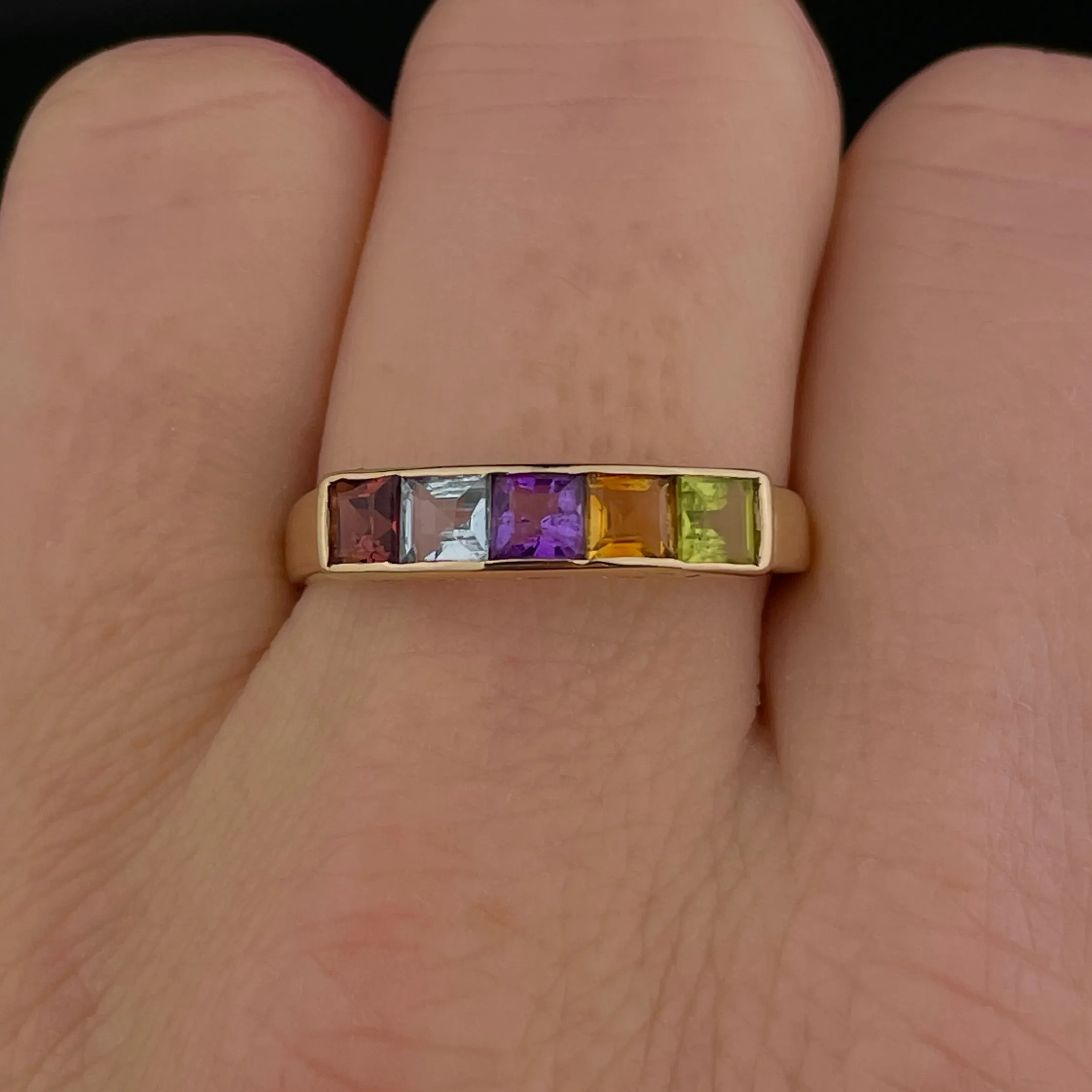 Vintage 14K Gold Multi Gemstone Harlequin Stacking Band Ring, Sz 10 3/4