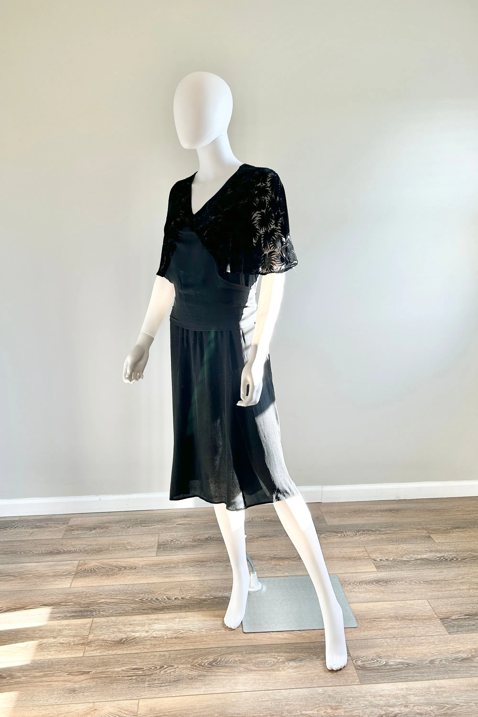 Vintage 1930s Black Rayon Dress with Velvet Caplet / 30s Party Dress / Size L